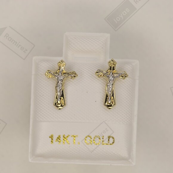 14K Solid Gold Two-Tone Cross Stud Earrings • Elegant Christian Symbol. - Picture 1 of 6
